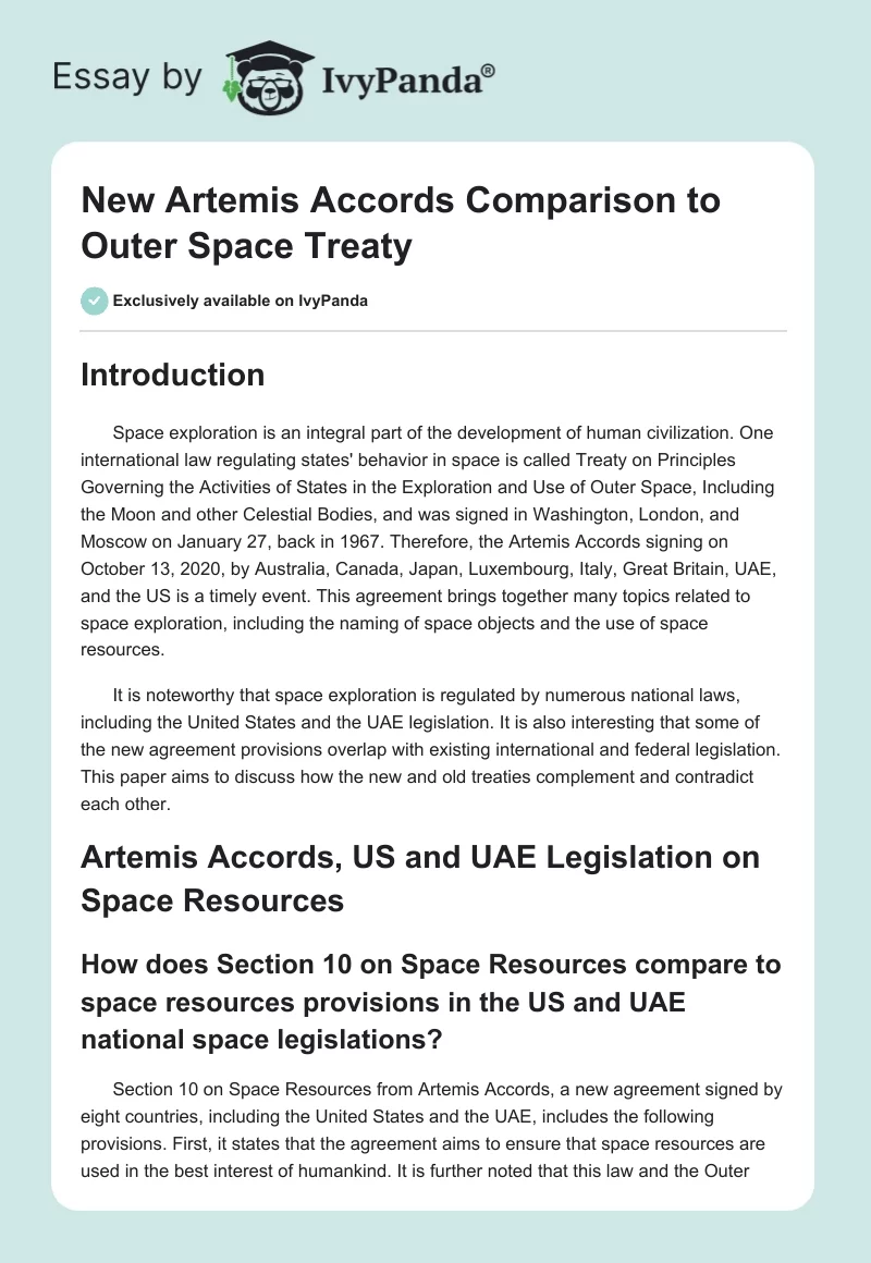 New Artemis Accords Comparison to Outer Space Treaty. Page 1