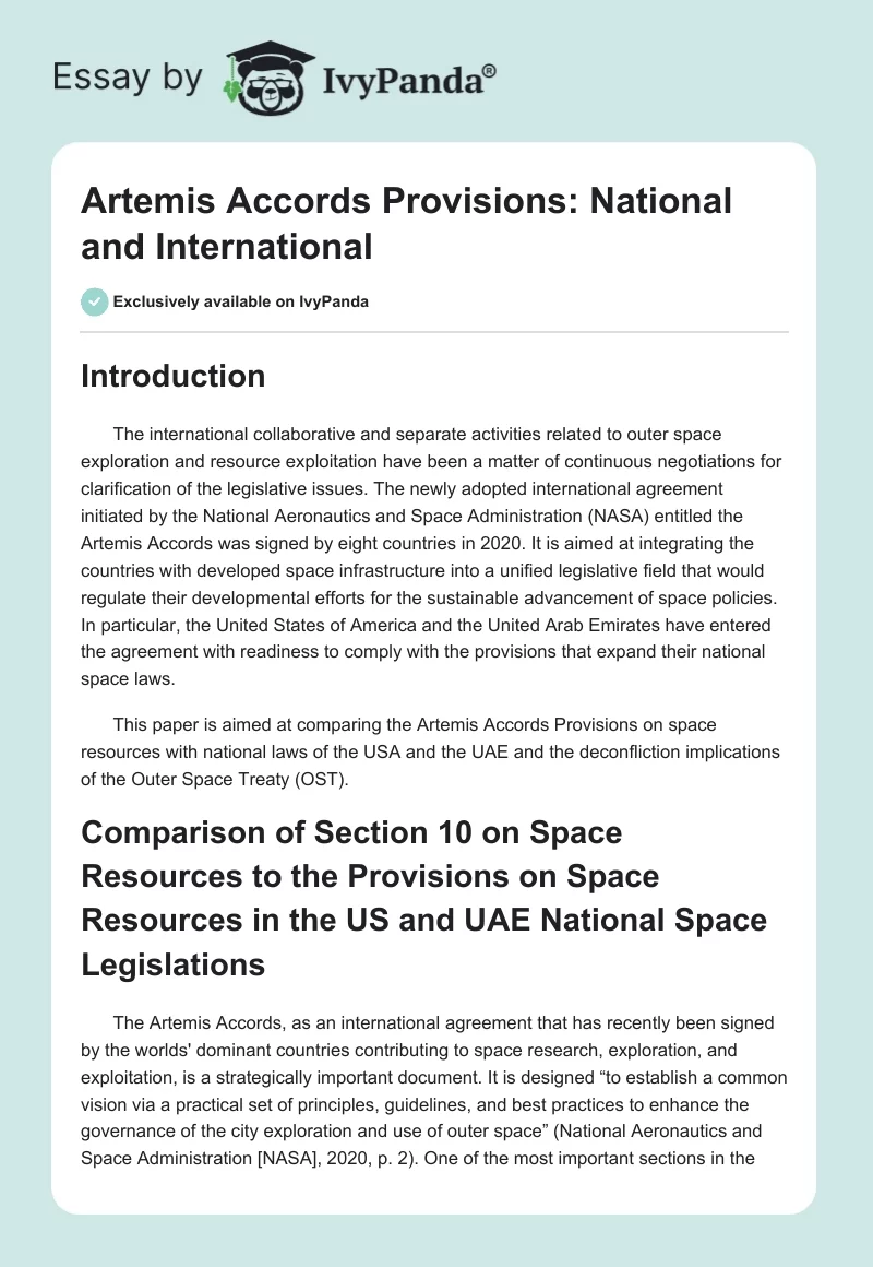 Artemis Accords Provisions: National and International. Page 1