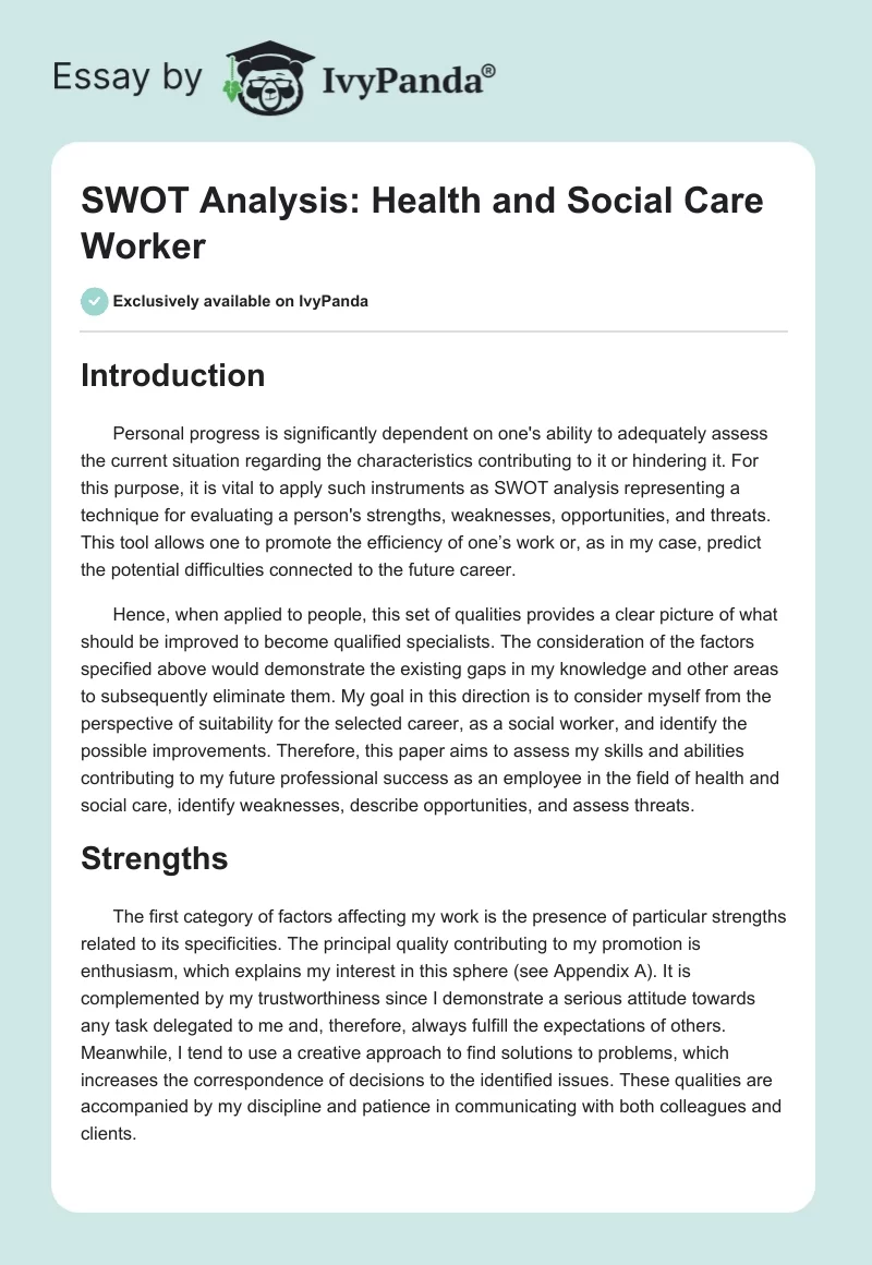 SWOT Analysis: Health and Social Care Worker. Page 1