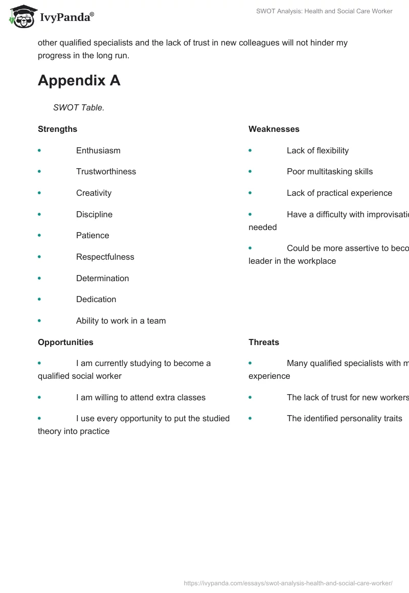 SWOT Analysis: Health and Social Care Worker. Page 4