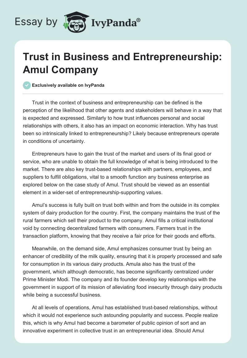 Trust in Business and Entrepreneurship: Amul Company. Page 1