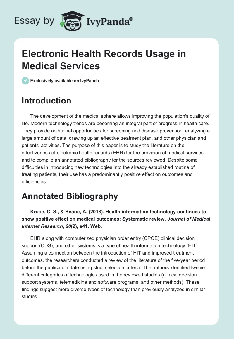 Electronic Health Records Usage in Medical Services. Page 1