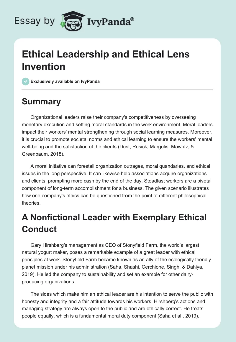 Ethical Leadership and Ethical Lens Invention. Page 1