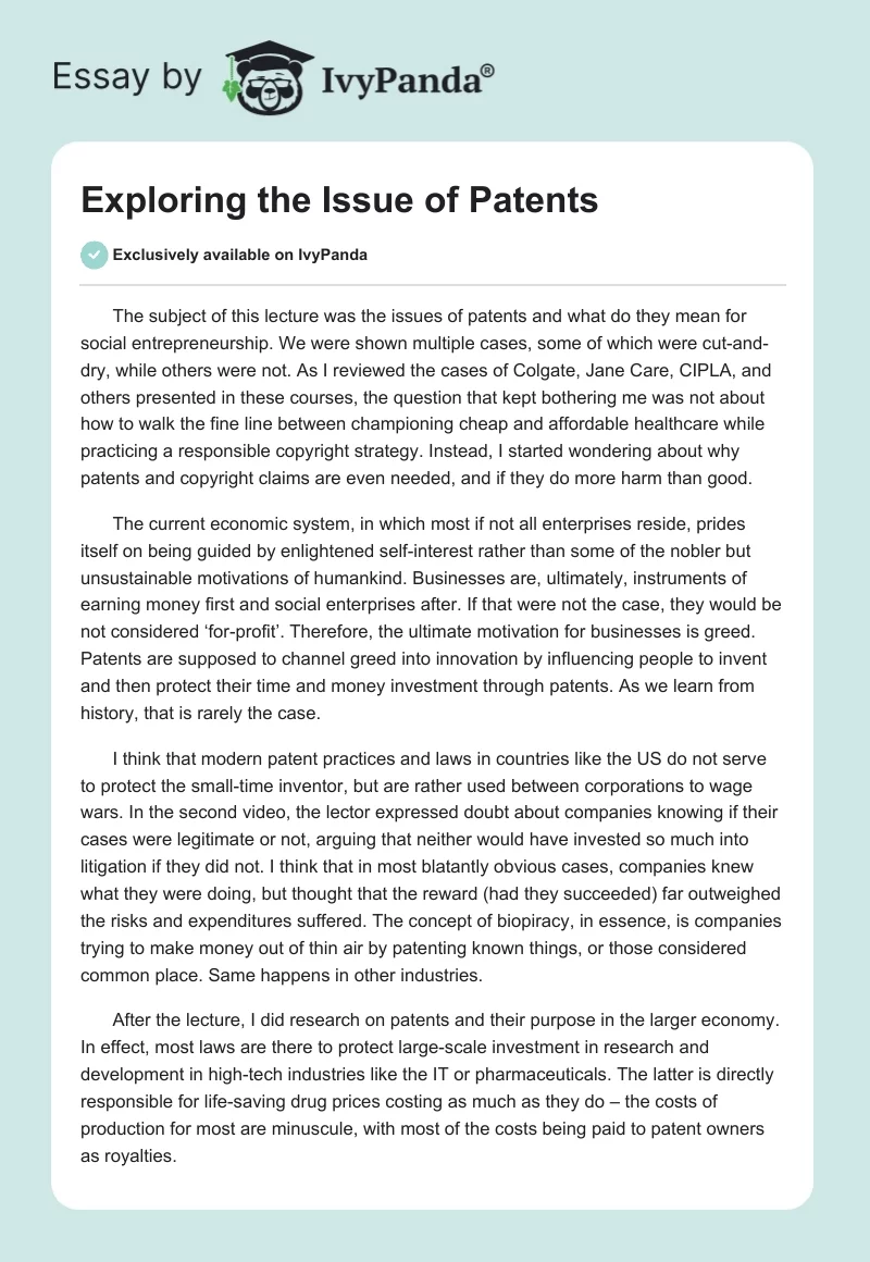 Exploring the Issue of Patents. Page 1