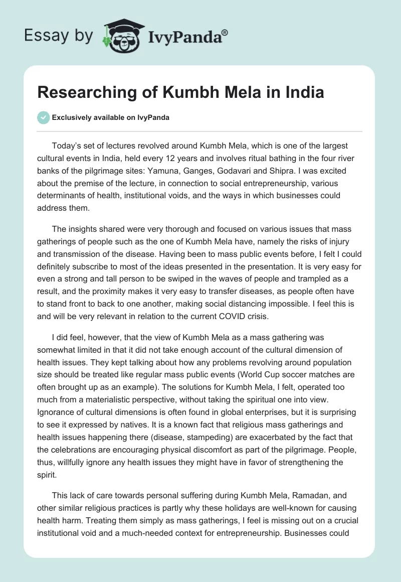 Researching of Kumbh Mela in India. Page 1