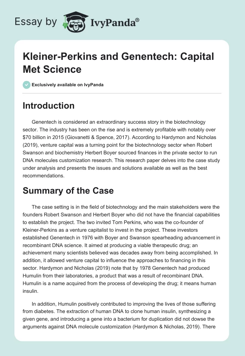 Kleiner-Perkins and Genentech: Capital Met Science. Page 1