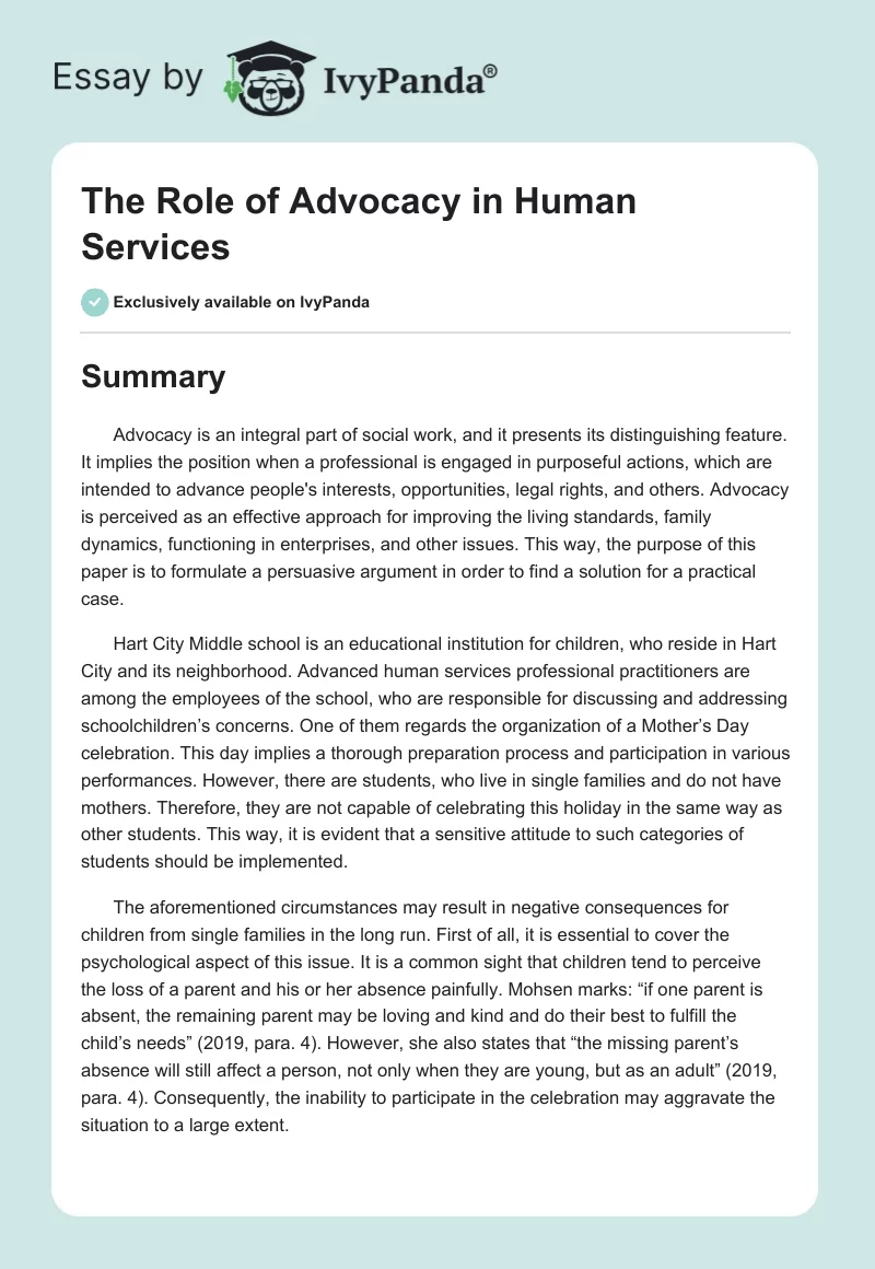 The Role of Advocacy in Human Services. Page 1