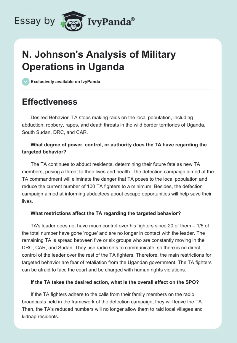N. Johnson's Analysis of Military Operations in Uganda. Page 1