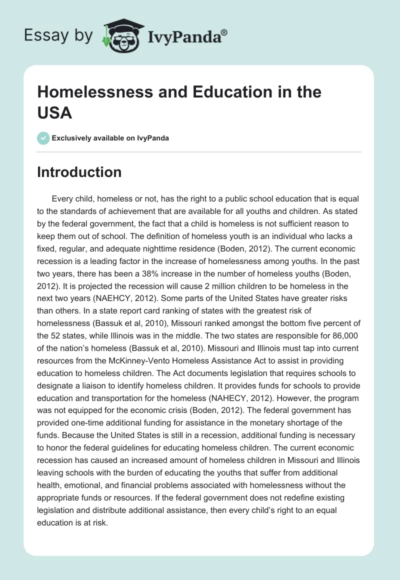 Homelessness and Education in the USA. Page 1