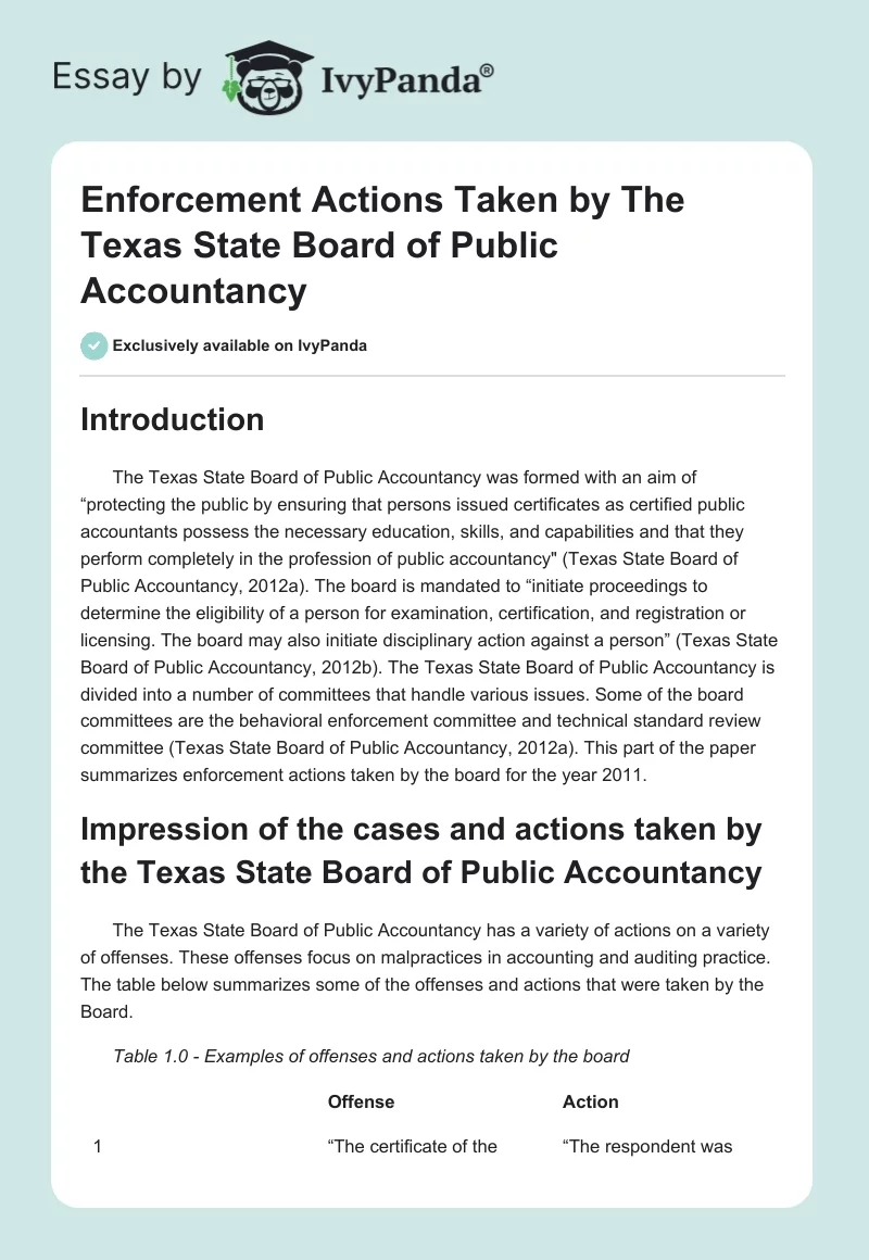 Enforcement Actions Taken by The Texas State Board of Public Accountancy. Page 1