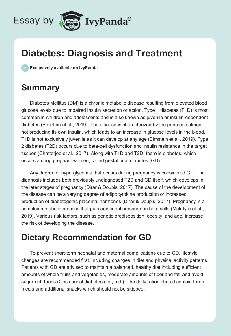Diabetes: Diagnosis and Treatment. Page 1