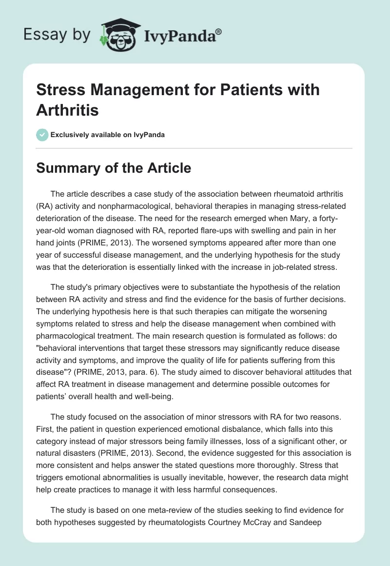 Stress Management for Patients With Arthritis. Page 1
