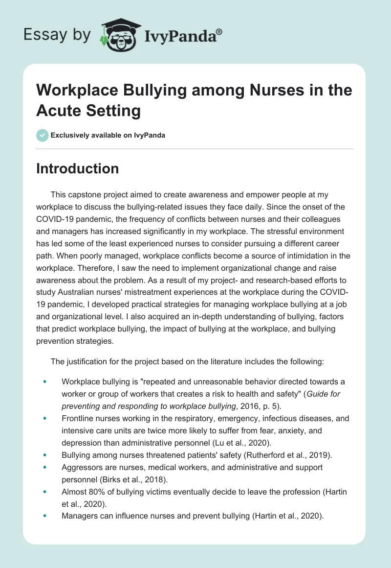 Workplace Bullying Among Nurses in the Acute Setting. Page 1