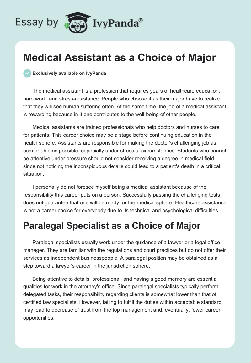 Medical Assistant as a Choice of Major. Page 1