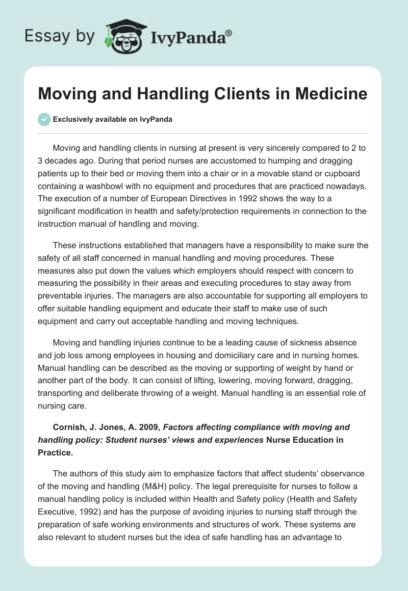 Moving and Handling Clients in Medicine. Page 1