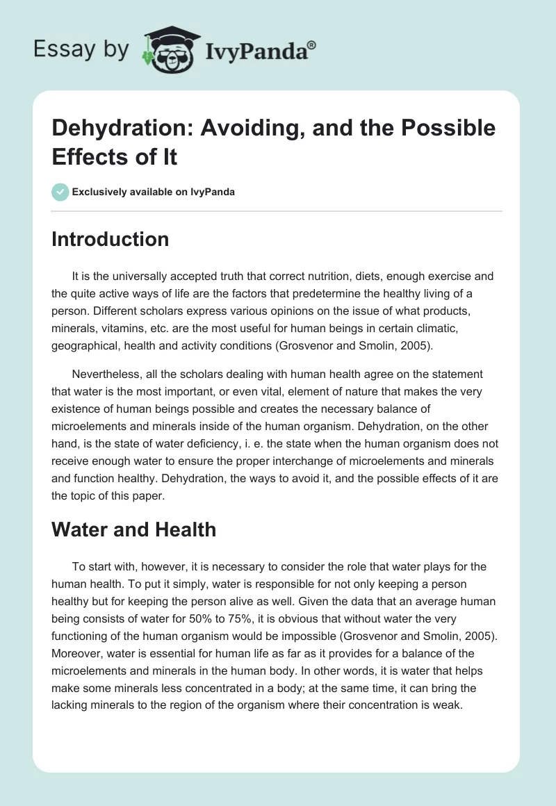 Dehydration: Avoiding, and the Possible Effects of It. Page 1