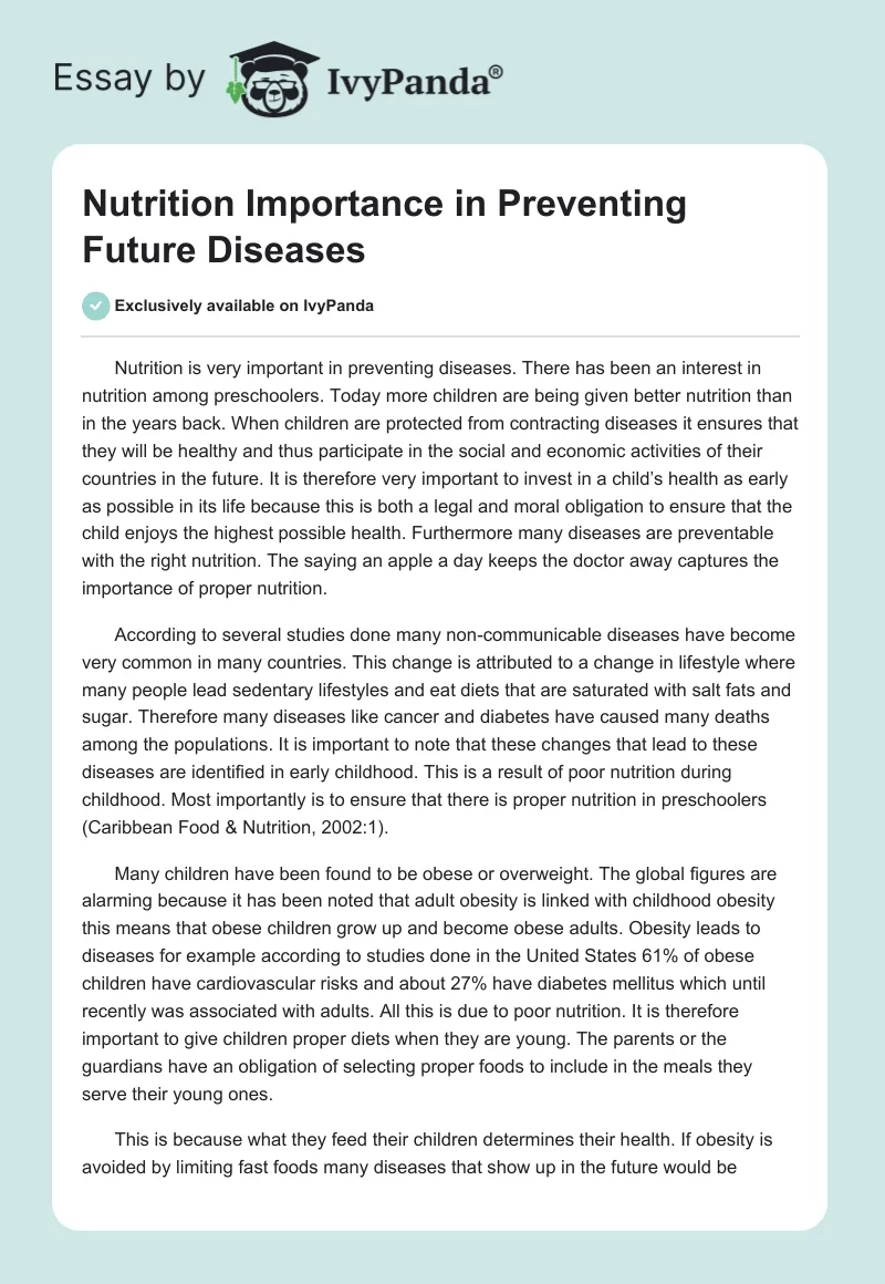 Nutrition Importance in Preventing Future Diseases. Page 1