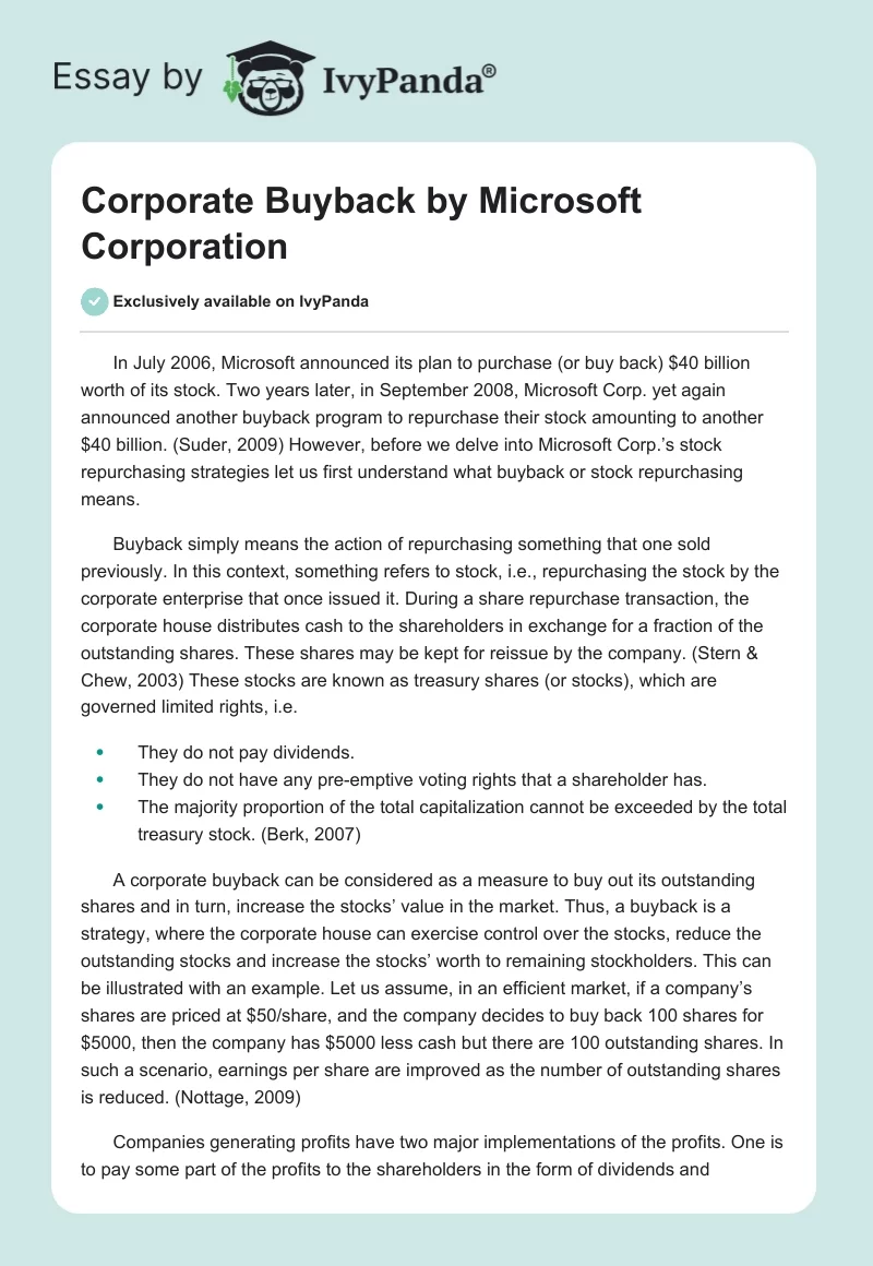 Corporate Buyback by Microsoft Corporation. Page 1