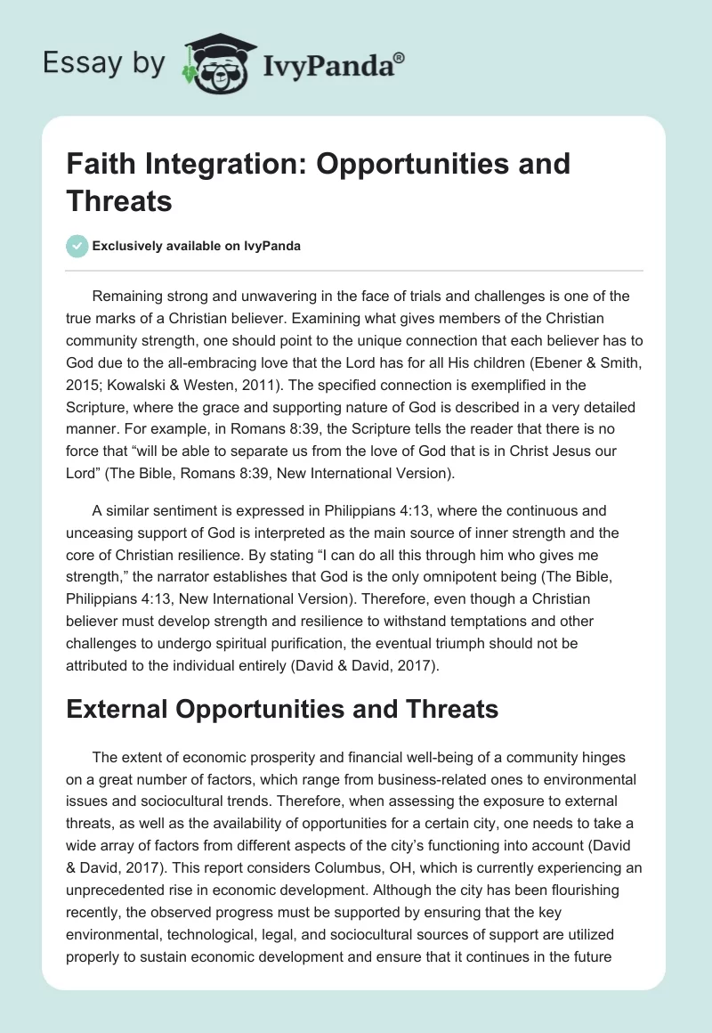 Faith Integration: Opportunities and Threats. Page 1
