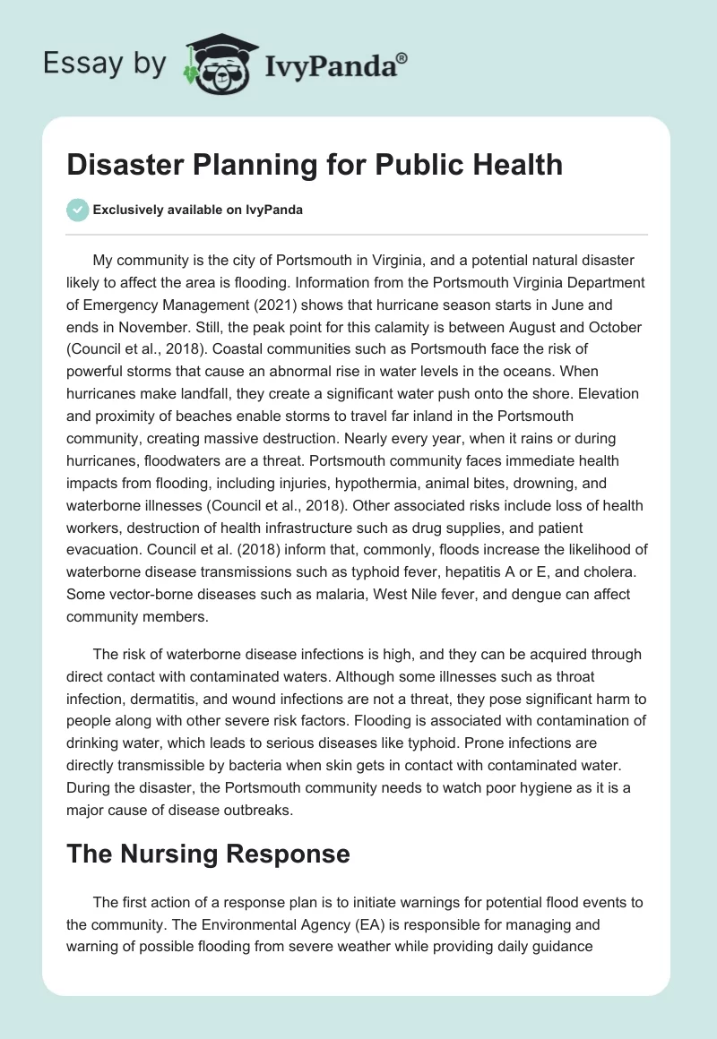 Disaster Planning for Public Health. Page 1