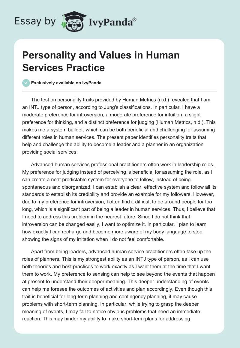 Personality and Values in Human Services Practice. Page 1