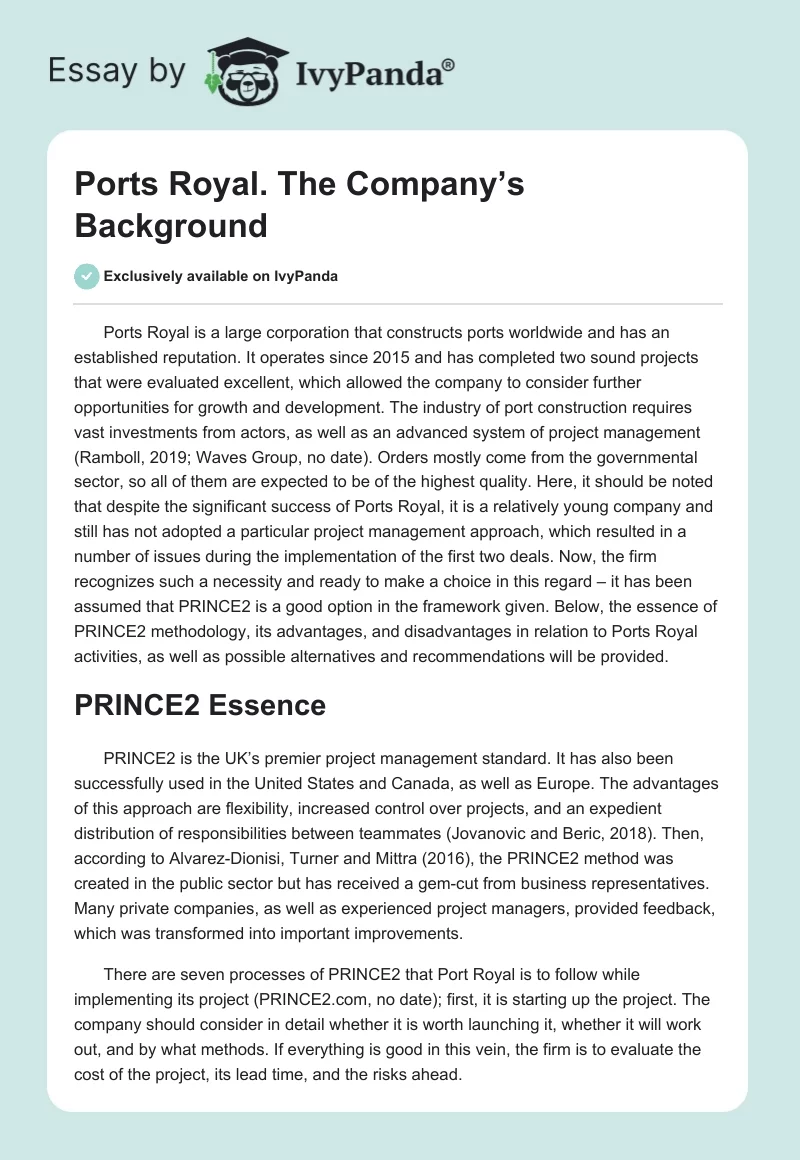 Ports Royal. The Company’s Background. Page 1