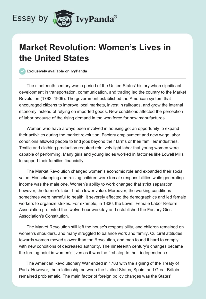 Market Revolution: Women’s Lives in the United States. Page 1
