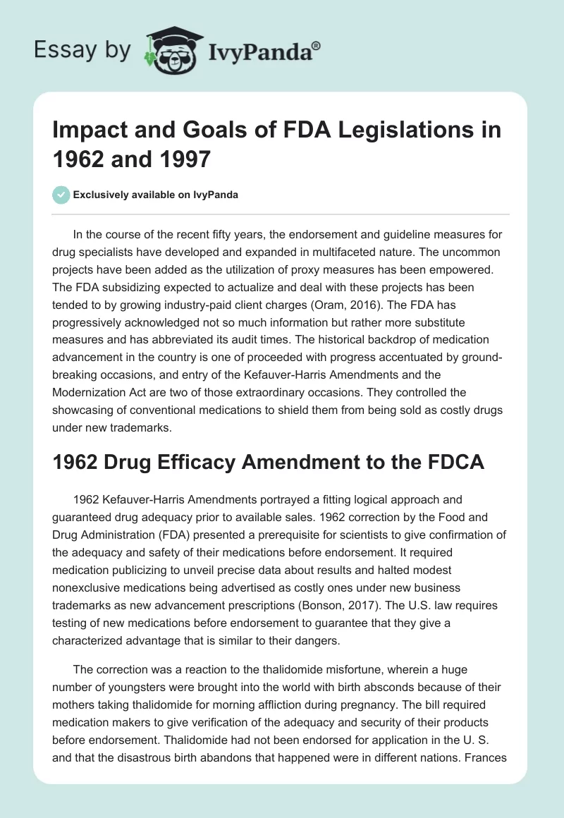 Impact and Goals of FDA Legislations in 1962 and 1997. Page 1
