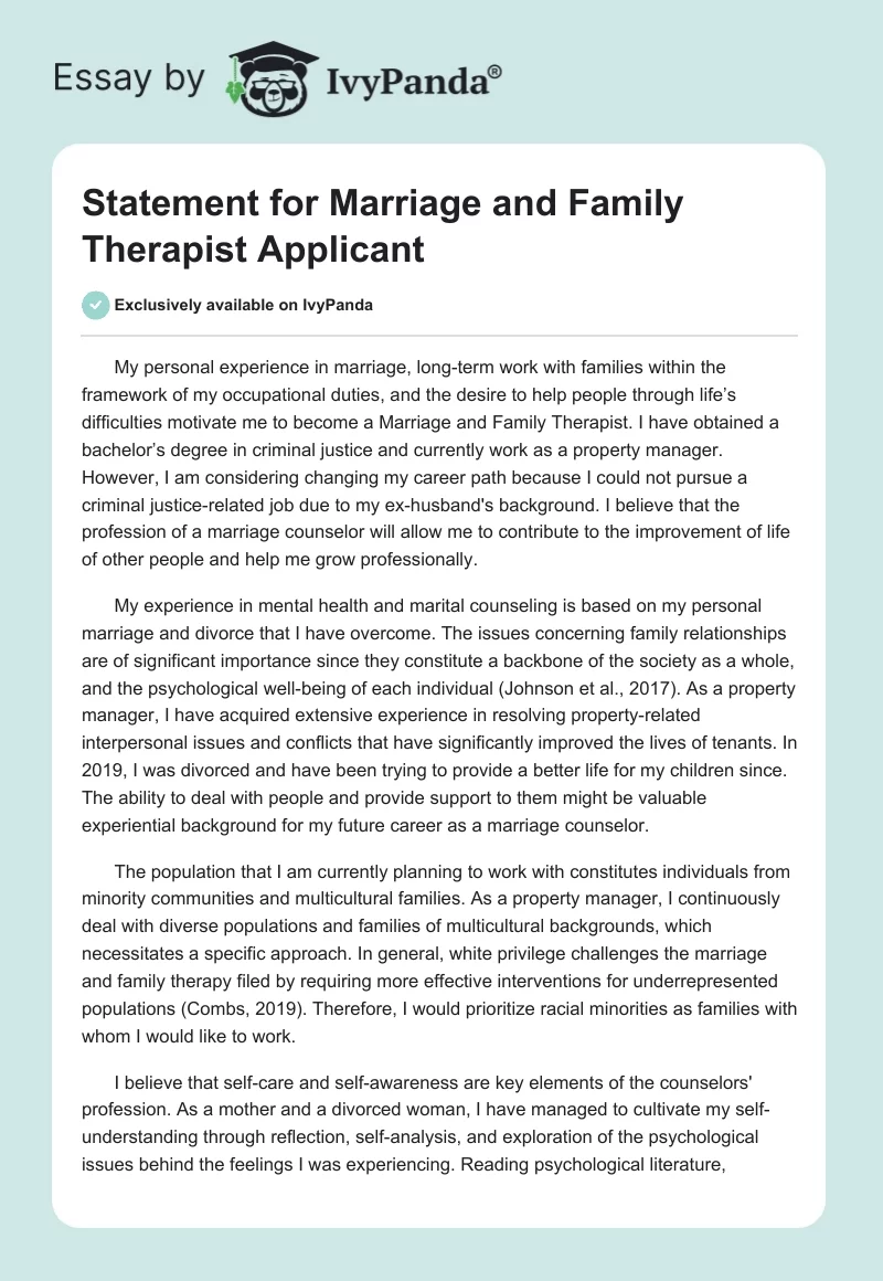 Statement for Marriage and Family Therapist Applicant. Page 1