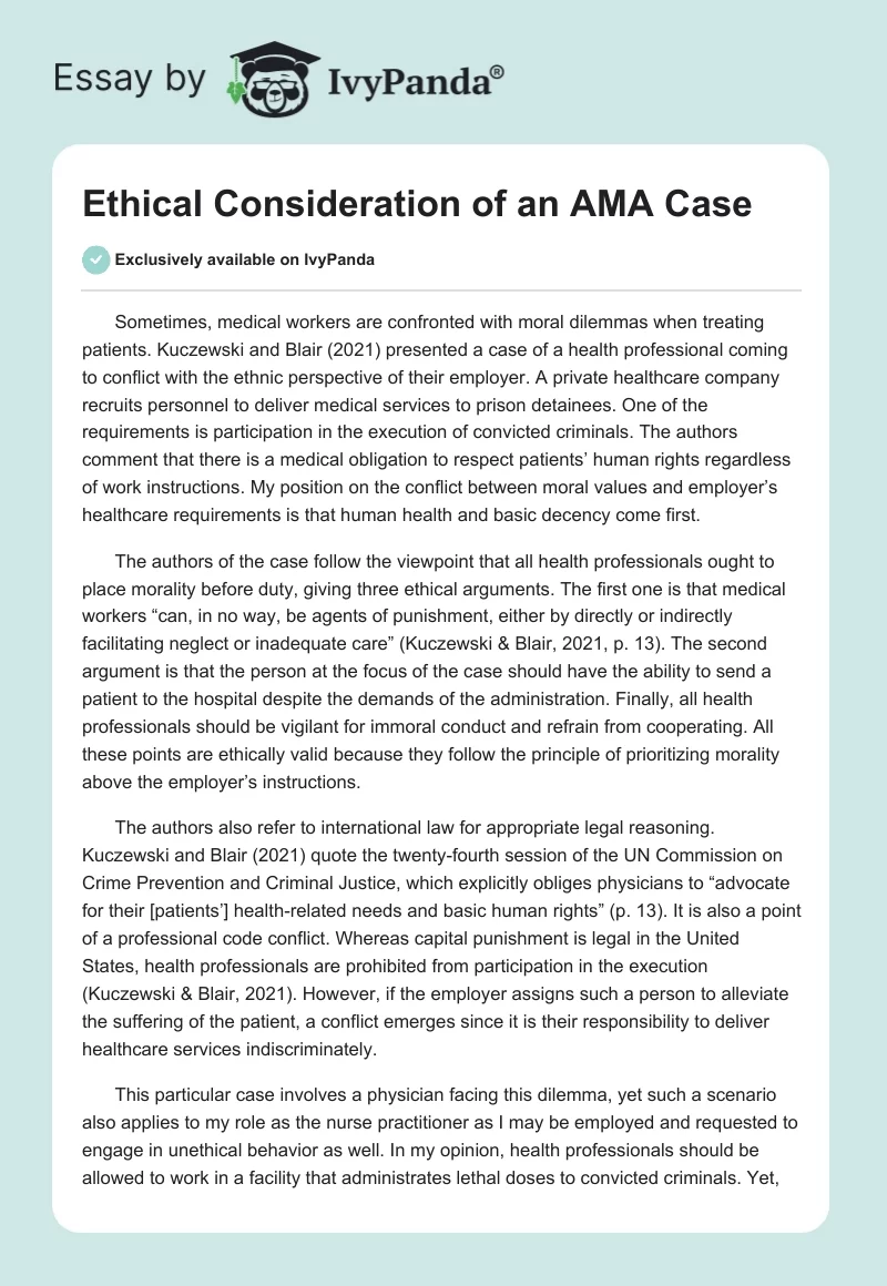 Ethical Consideration of an AMA Case. Page 1
