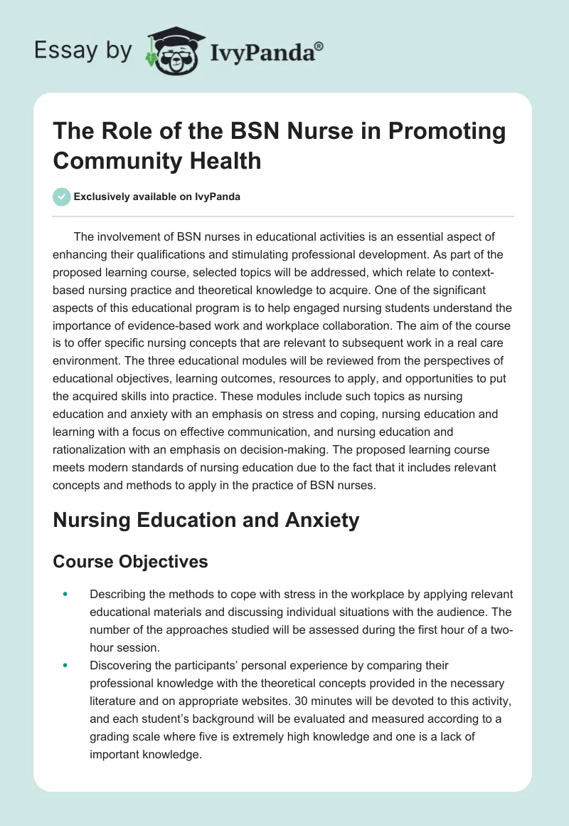 The Role of the BSN Nurse in Promoting Community Health. Page 1