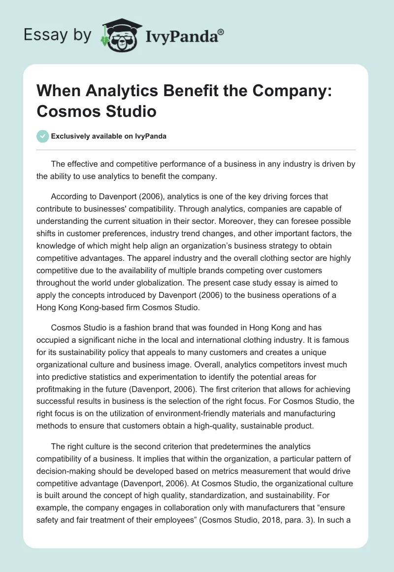 When Analytics Benefit the Company: Cosmos Studio. Page 1