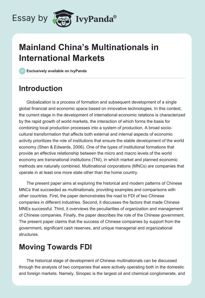 Mainland China’s Multinationals in International Markets. Page 1