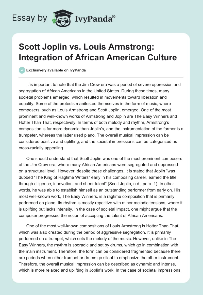 Scott Joplin vs. Louis Armstrong: Integration of African American Culture. Page 1