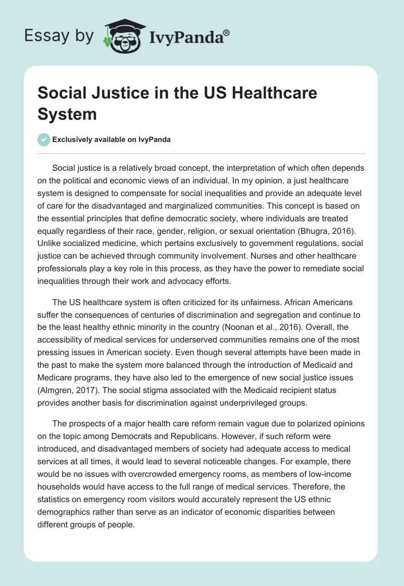 Social Justice in the US Healthcare System. Page 1