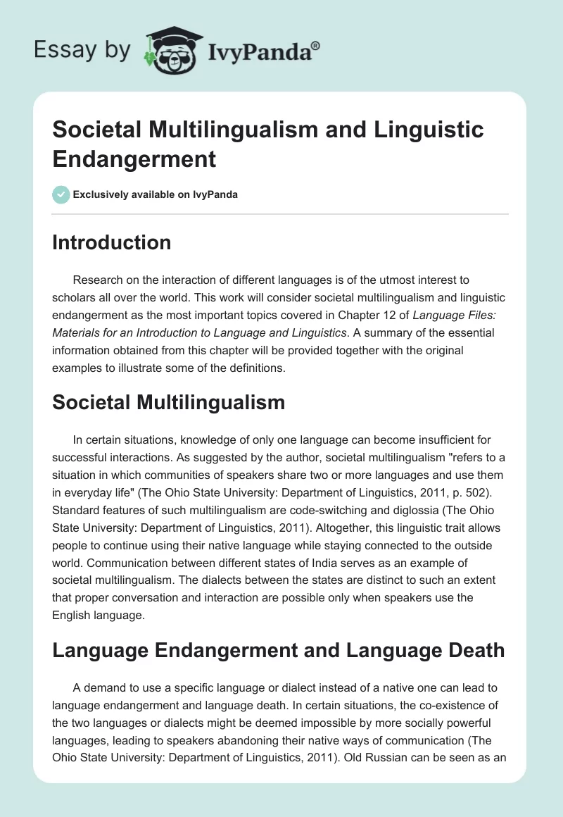 Societal Multilingualism and Linguistic Endangerment. Page 1