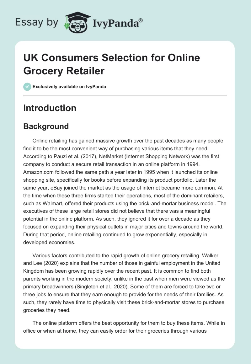 UK Consumers Selection for Online Grocery Retailer. Page 1