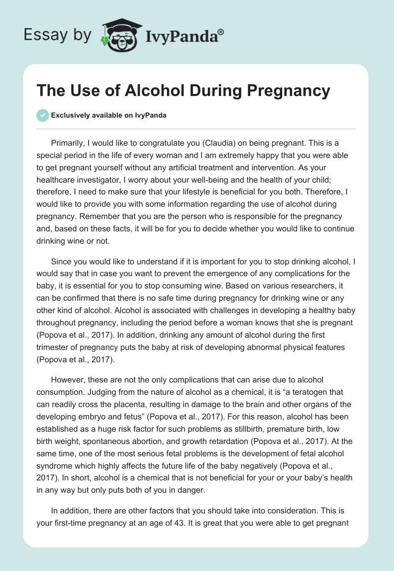 The Use of Alcohol During Pregnancy. Page 1