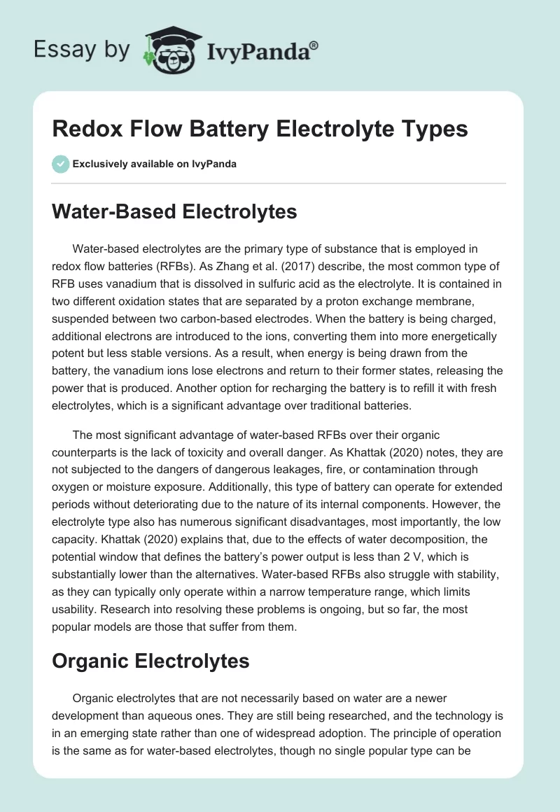 Redox Flow Battery Electrolyte Types. Page 1