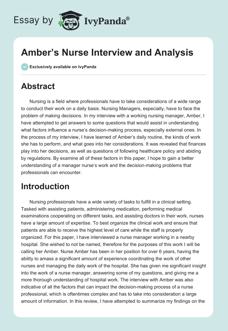 Amber’s Nurse Interview and Analysis. Page 1