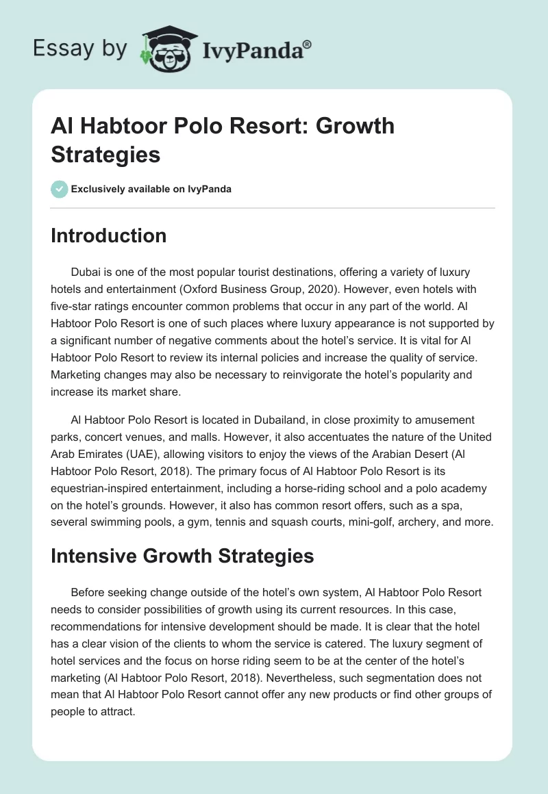Al Habtoor Polo Resort: Growth Strategies. Page 1
