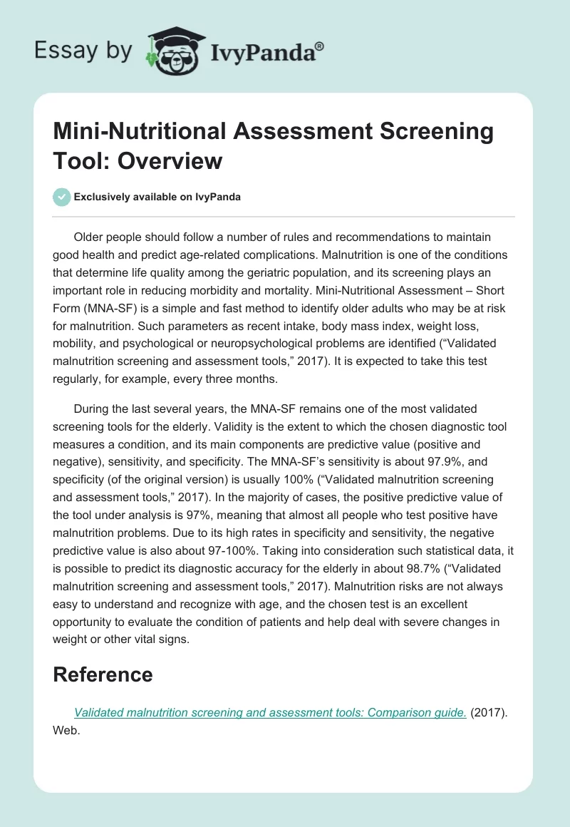 Mini-Nutritional Assessment Screening Tool: Overview. Page 1