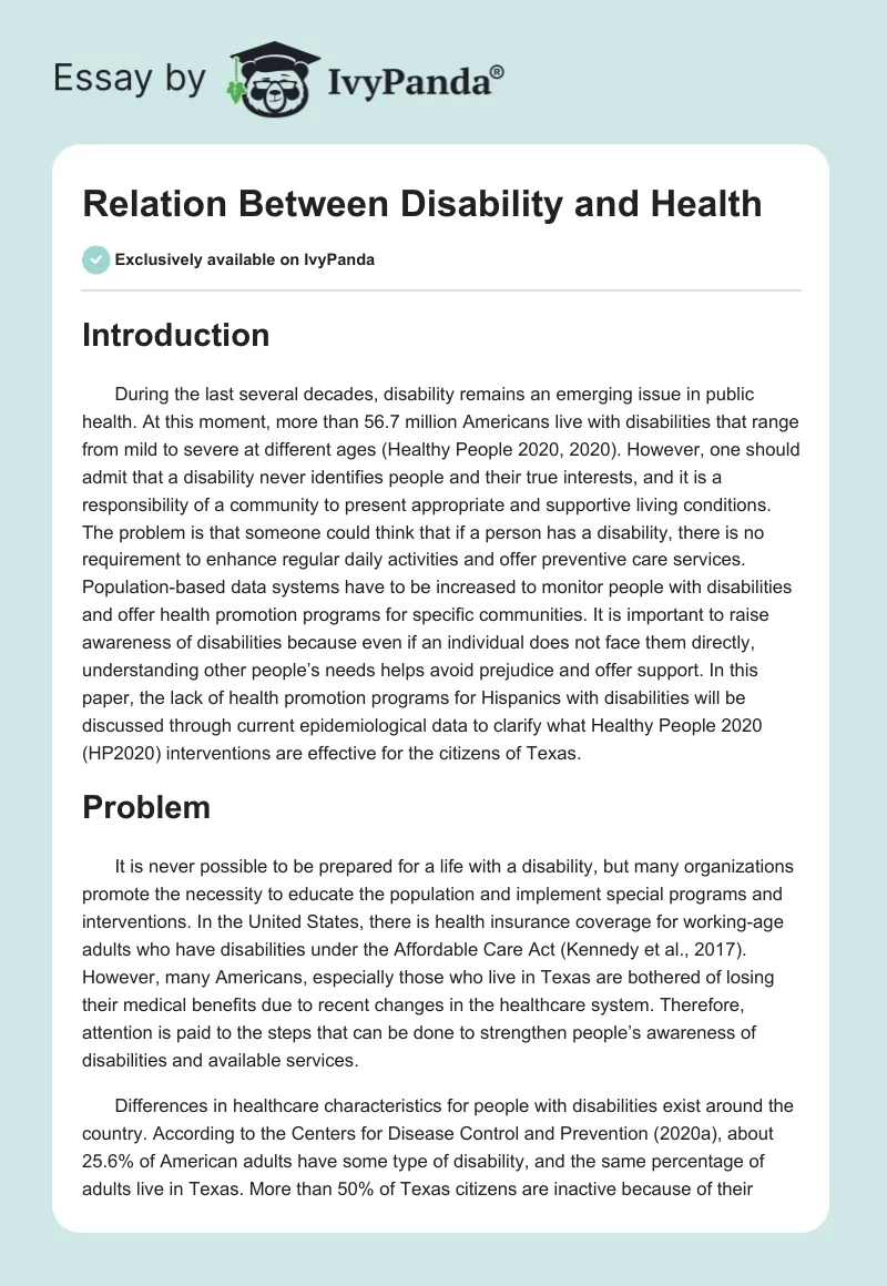 Relation Between Disability and Health. Page 1