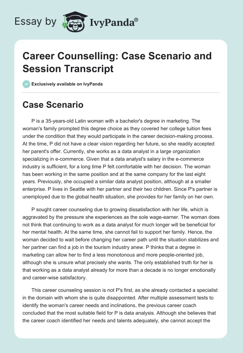 Career Counselling: Case Scenario and Session Transcript. Page 1