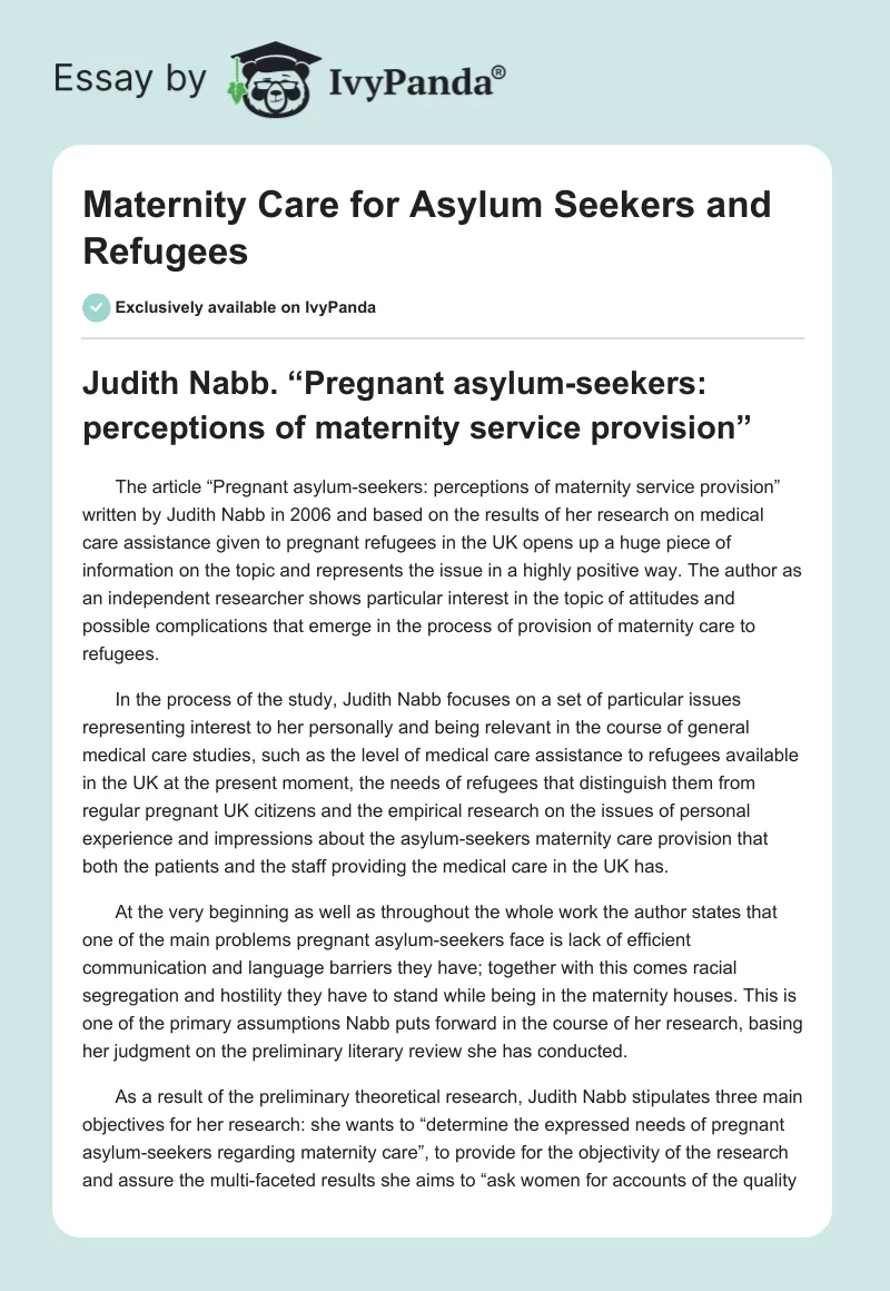 Maternity Care for Asylum Seekers and Refugees. Page 1