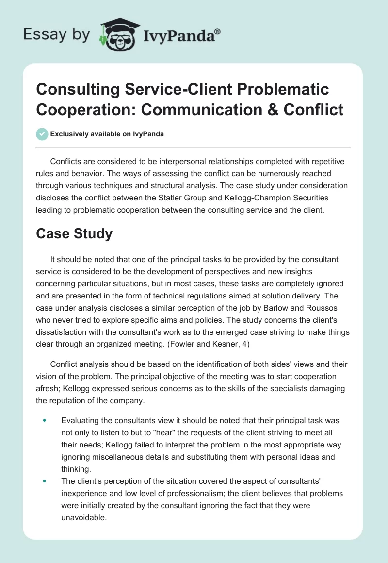 Consulting Service-Client Problematic Cooperation: Communication & Conflict. Page 1