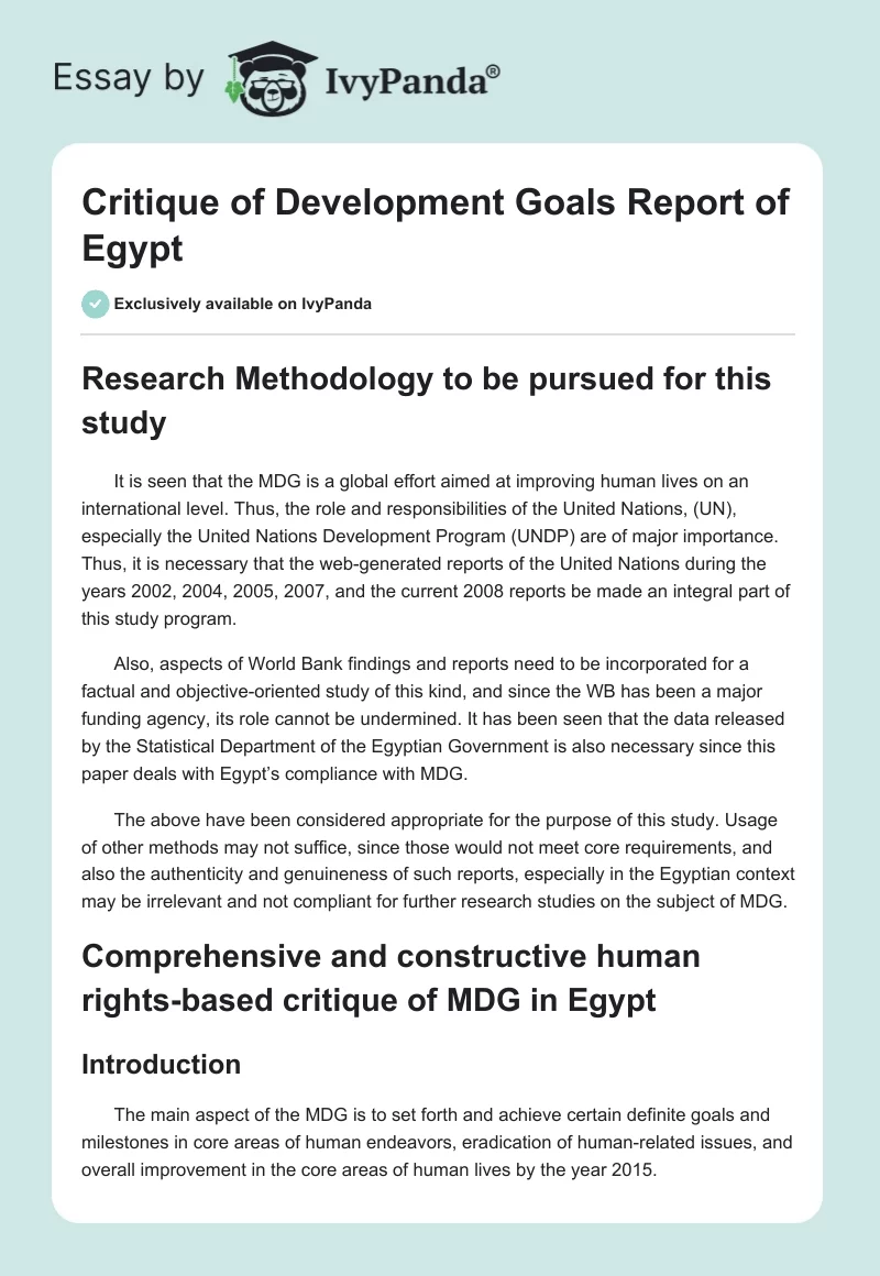 Critique of Development Goals Report of Egypt. Page 1