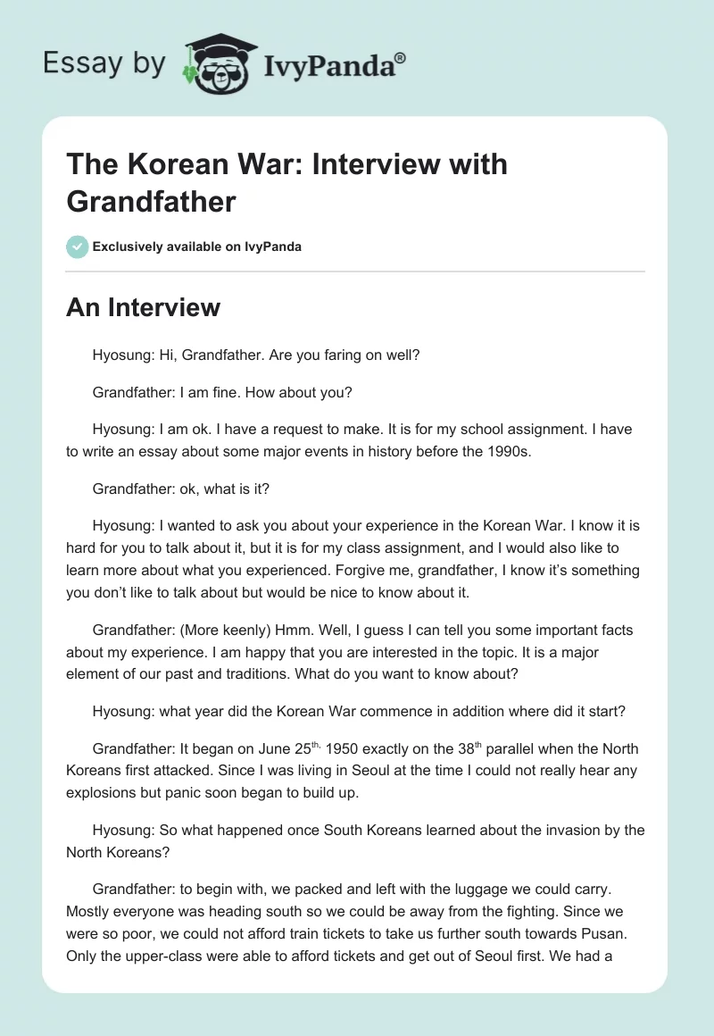 The Korean War: Interview with Grandfather. Page 1