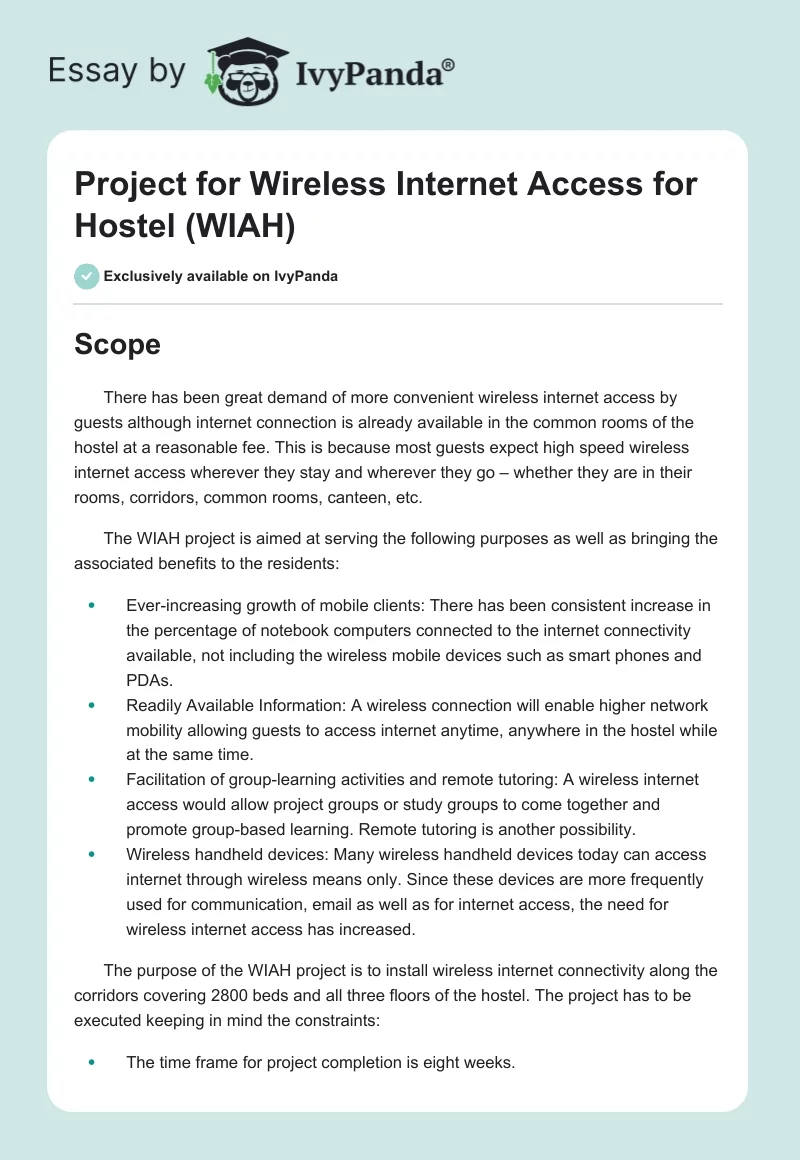 Project for Wireless Internet Access for Hostel (WIAH). Page 1