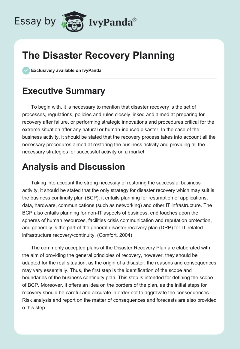 The Disaster Recovery Planning. Page 1
